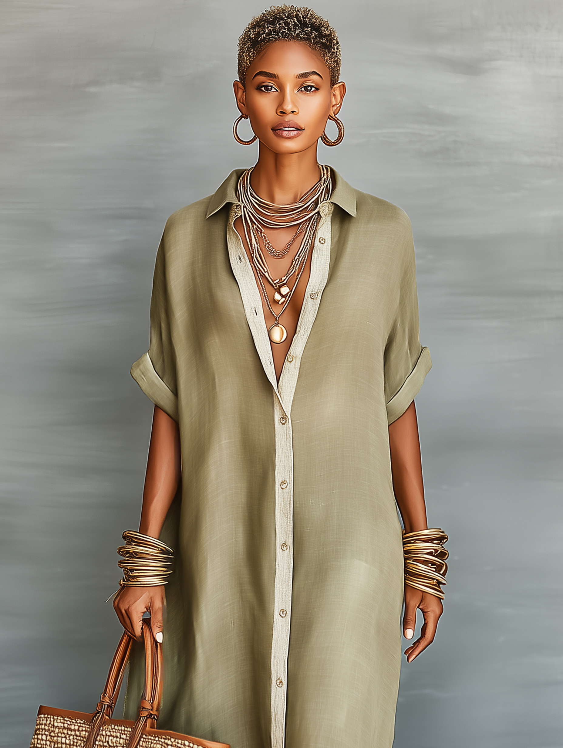 Linen-Blend Short-Sleeve Shirt Maxi Dress