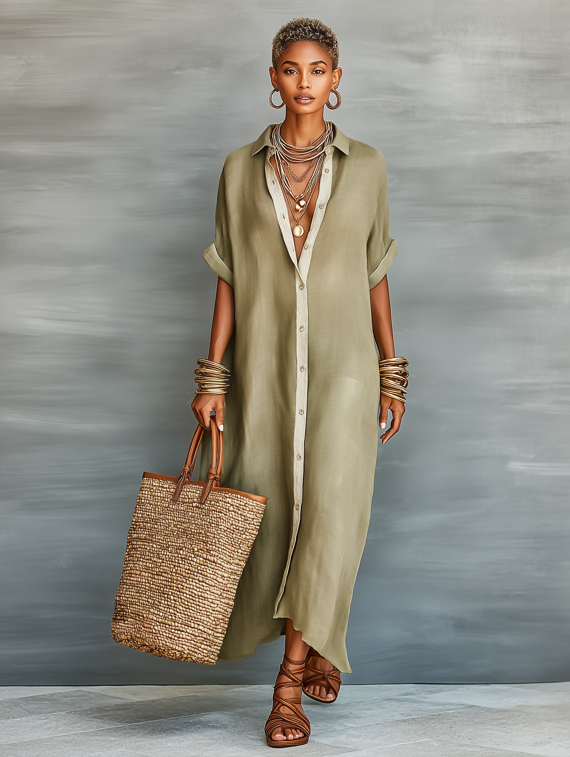 Linen-Blend Short-Sleeve Shirt Maxi Dress