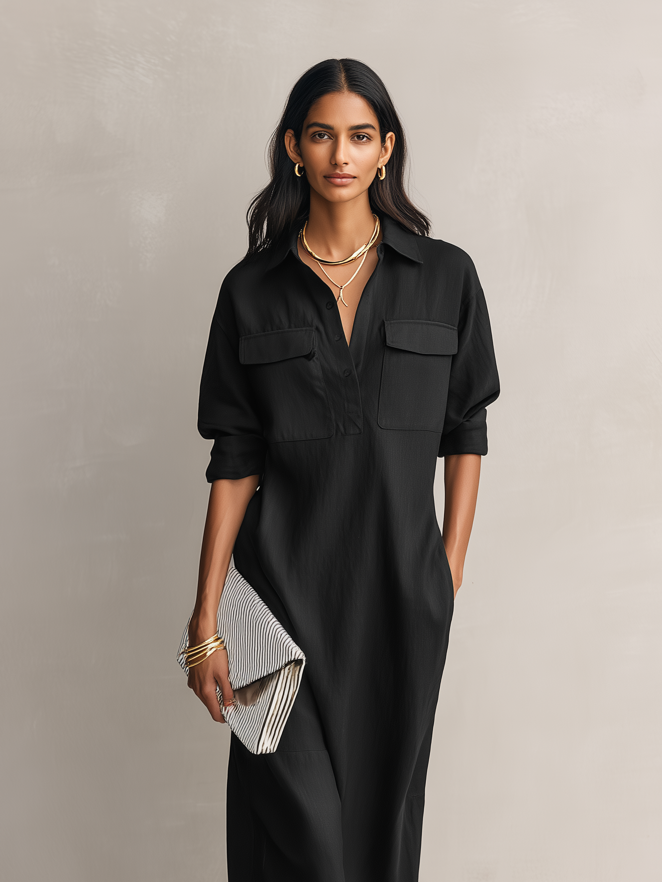 Shirt Collar Cotton-Linen Midi Dress