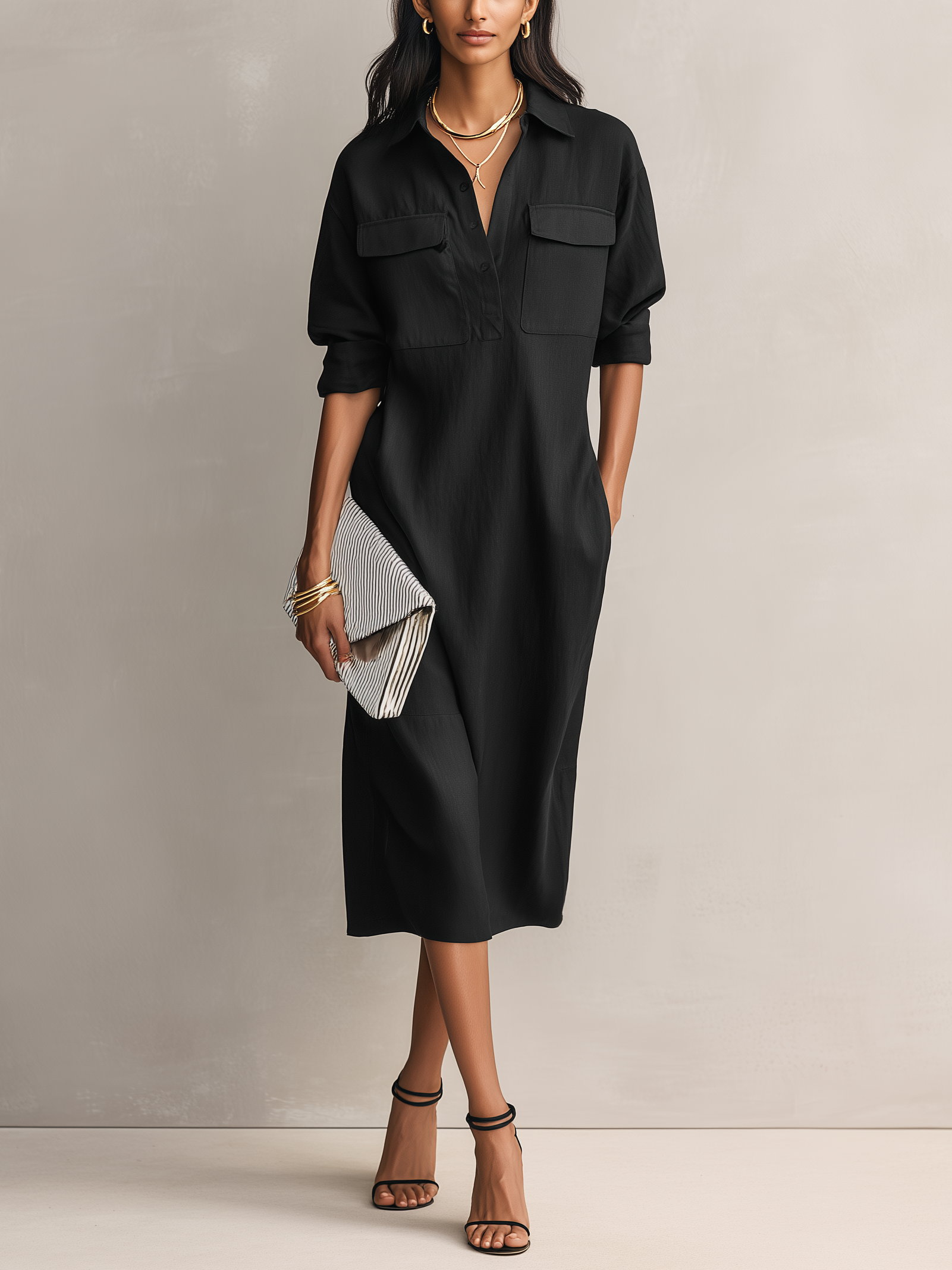 Shirt Collar Cotton-Linen Midi Dress